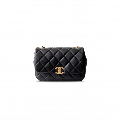 CHANEL MASTER  MINI PEARLY CHAIN FLAP BAG BLACK LAMBSKIN BRUSHED GOLD HARDWARE  (20*15*5cm)